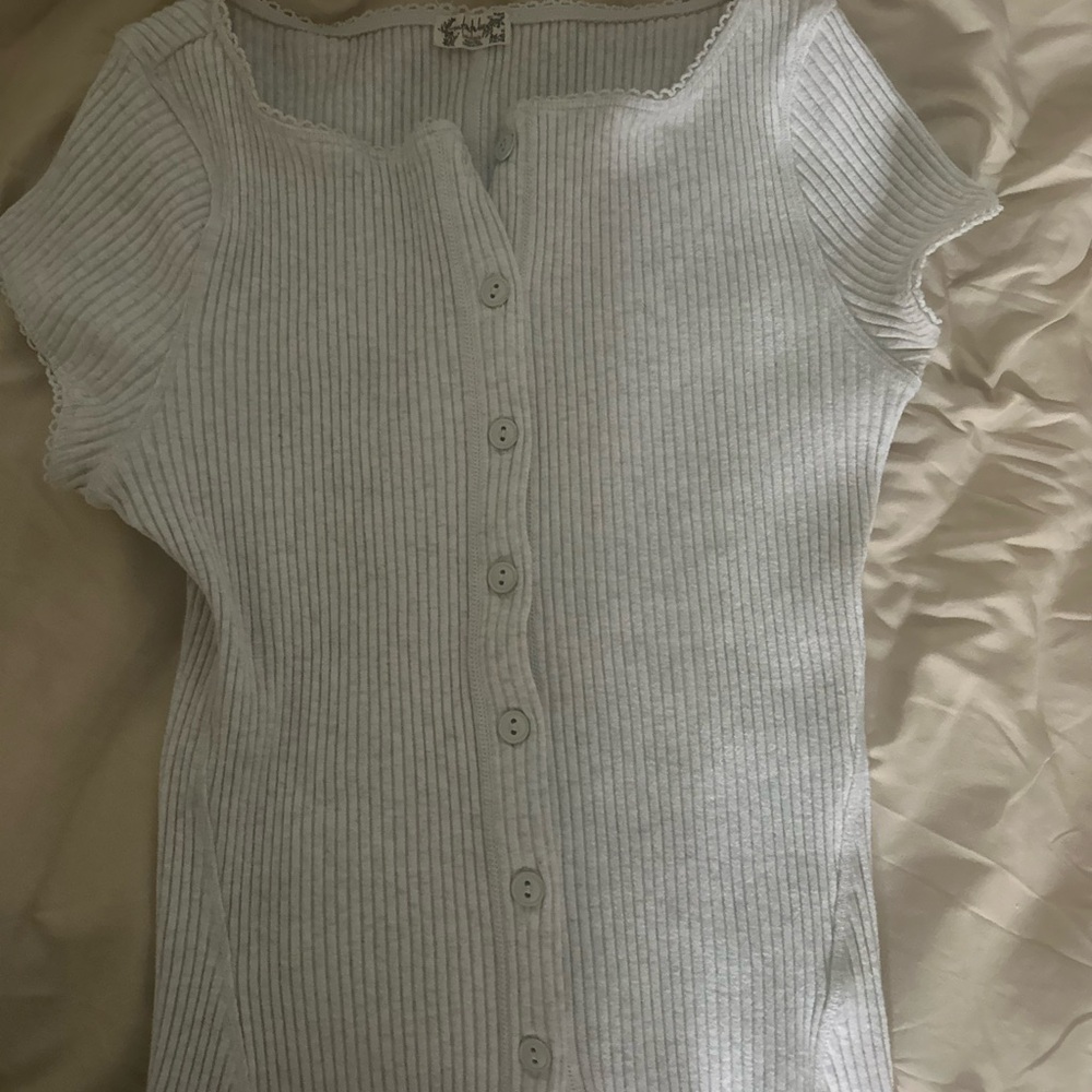 Free People White Ribbed Button-Down Top
